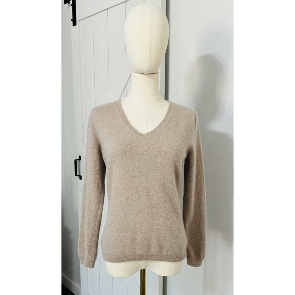 Pure Collection Cashmere Sweater Women's Size 8/10 Tan Beige V Neck Long Sleeve - Picture 1 of 7
